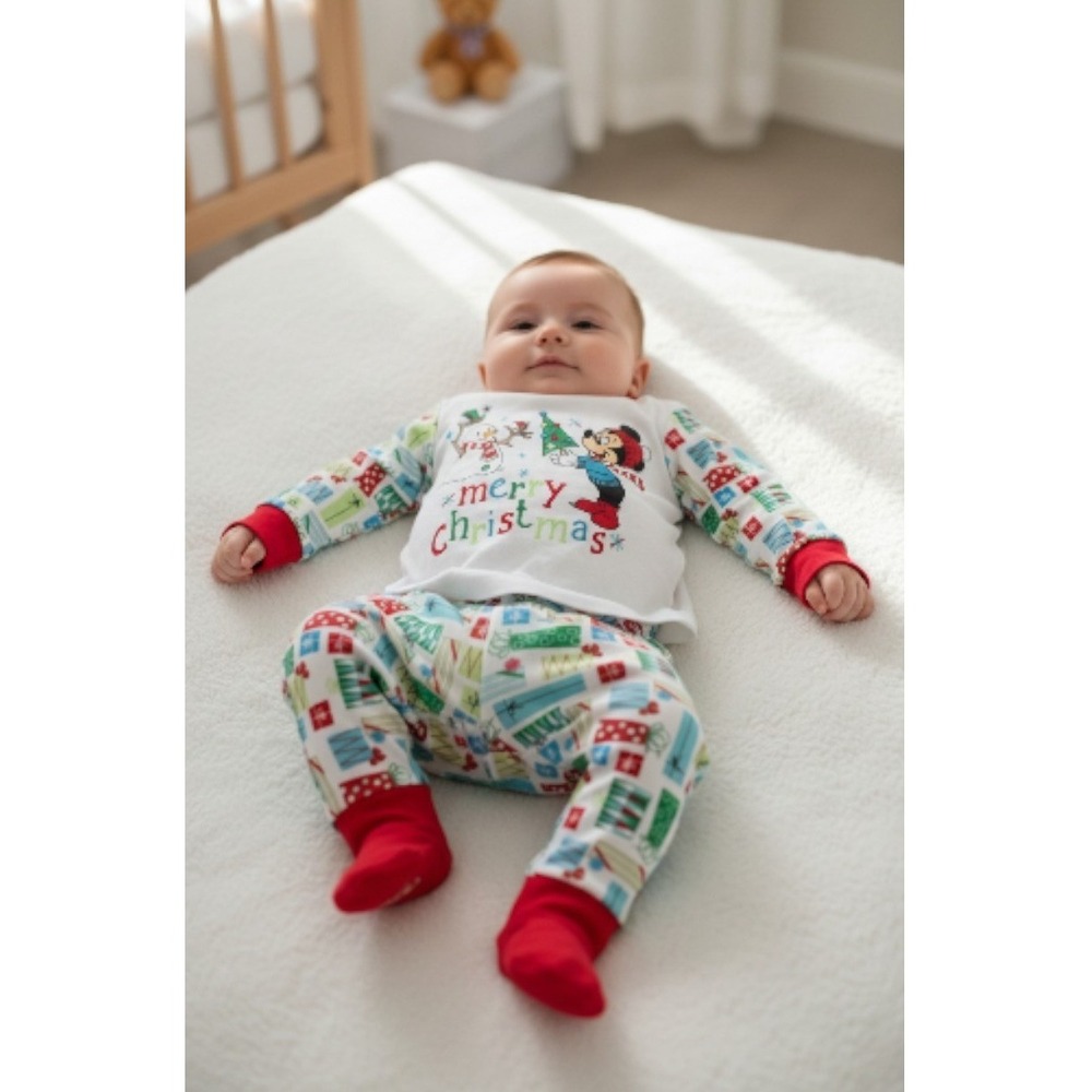 NWT Disney Baby Mickey Mouse Merry Christmas Pajama Set 3-6M White Red Print